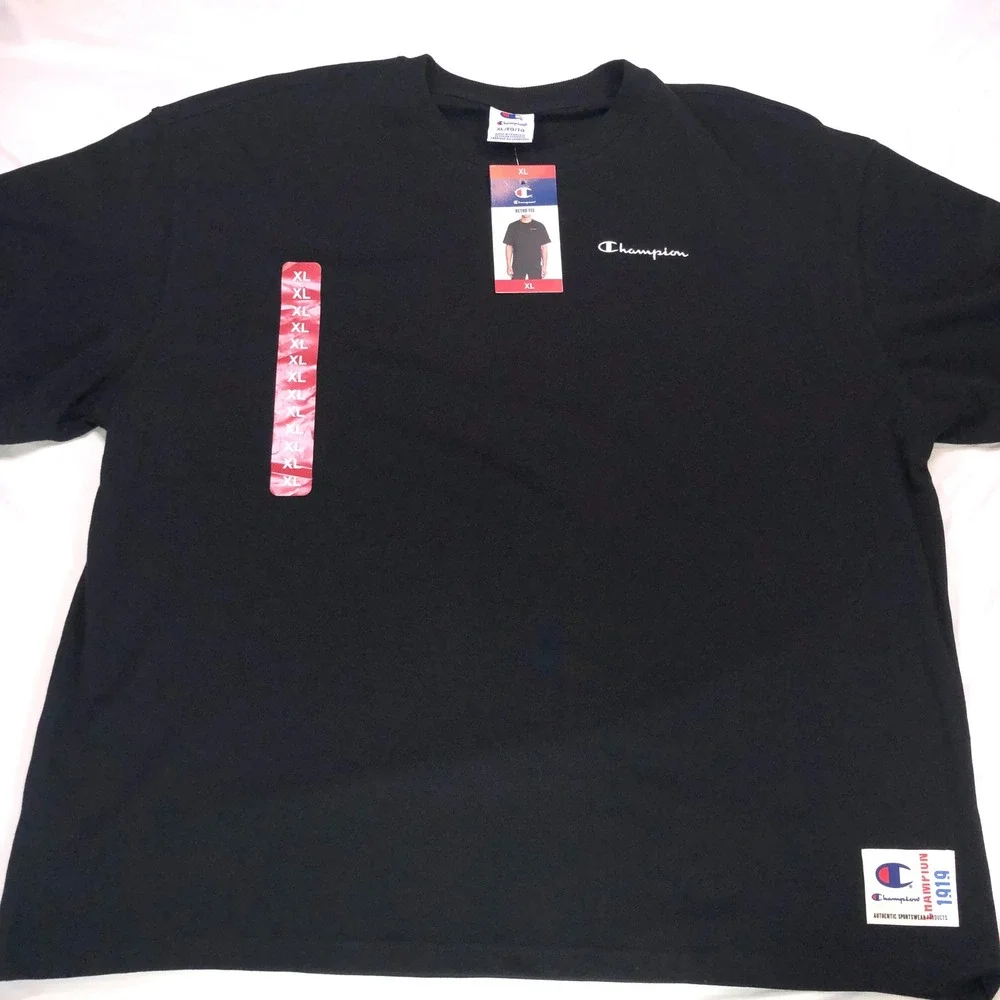 Champion Retro Tee Mens XL Black Short Sleeve Script Logo Crewneck T-Shirt NEW